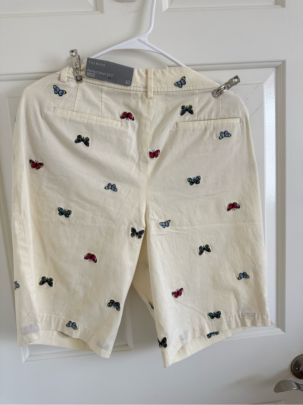 Talbots Cream Shorts with Pink and Blue Butterfly Embroidery